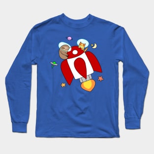 Rocket Ship Sloth and Tabby Cat Long Sleeve T-Shirt